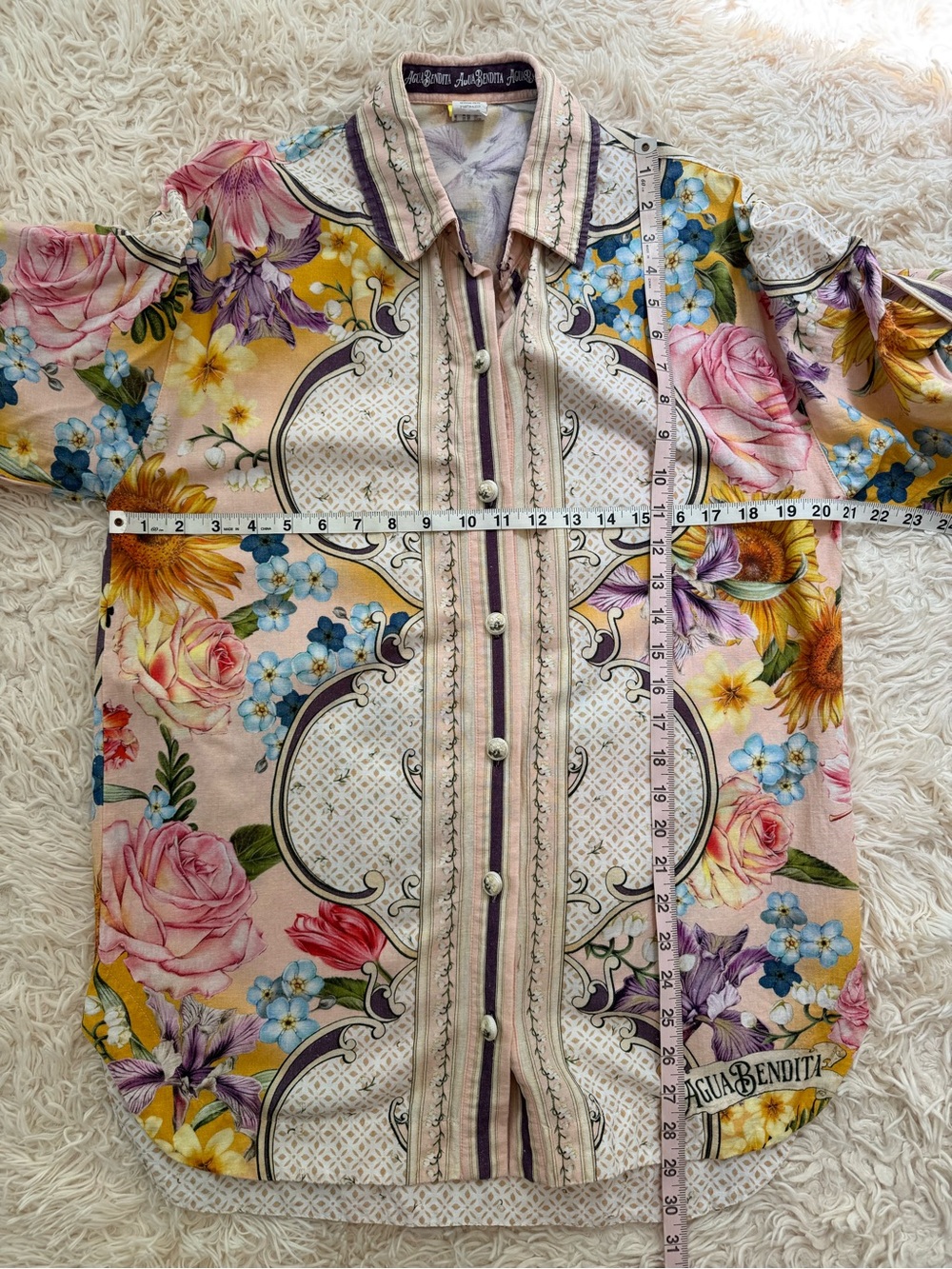 Agua Bendita Chrissy Dreamin Floral Linen Blend Button Down Shirt Size S - Picture 9 of 11